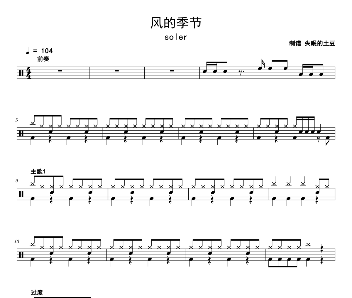 soler 风的季节架子鼓谱 吉他上的架子鼓制谱
