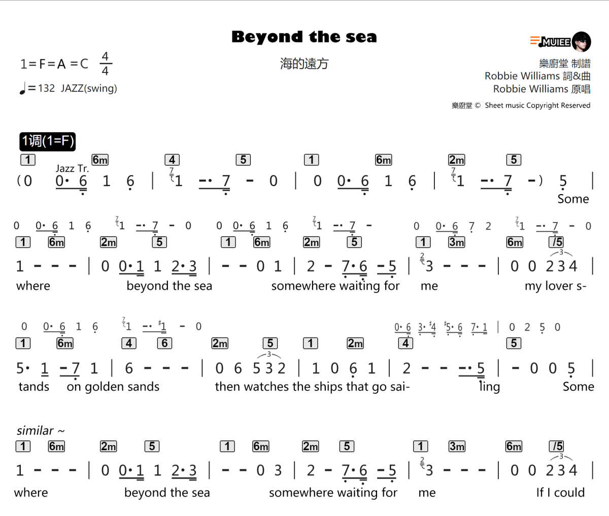 Beyond The Sea简谱 Robbie Williams《Beyond The Sea》简谱