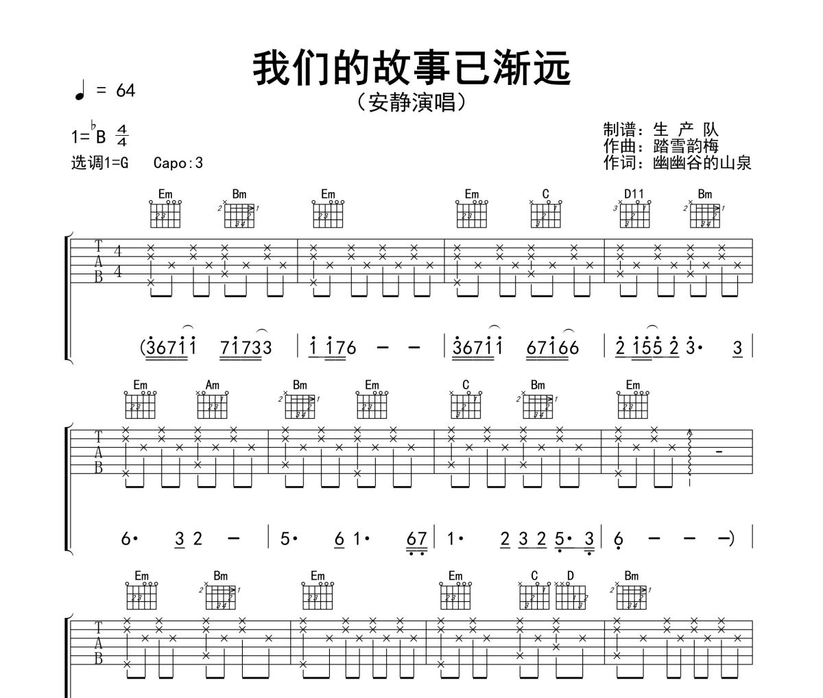 我们的故事已渐远吉他谱 安静《我们的故事已渐远》六线谱G调指法编配吉他谱