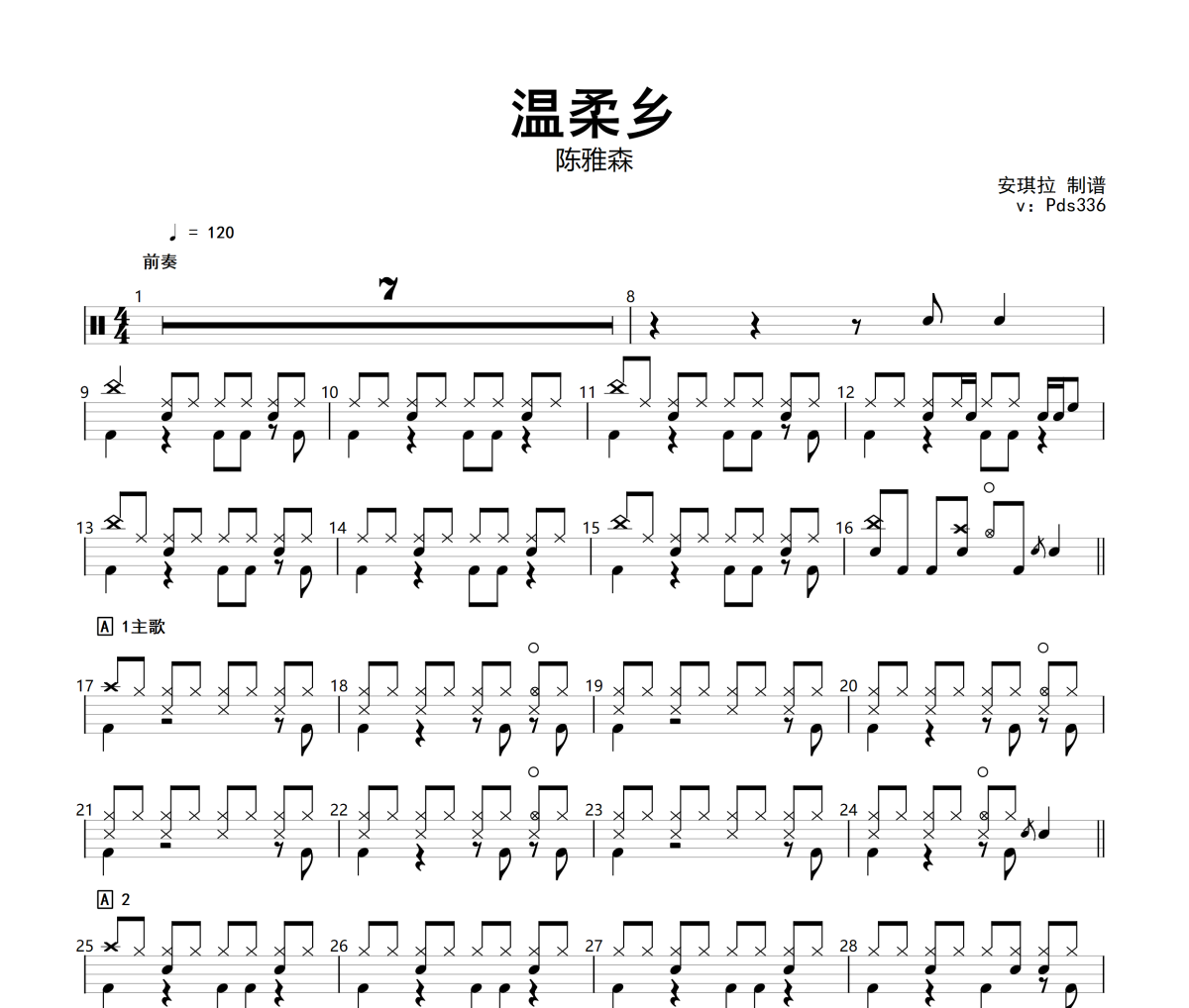 温柔乡鼓谱 陈雅森《温柔乡》架子鼓|爵士鼓|鼓谱+动态视频
