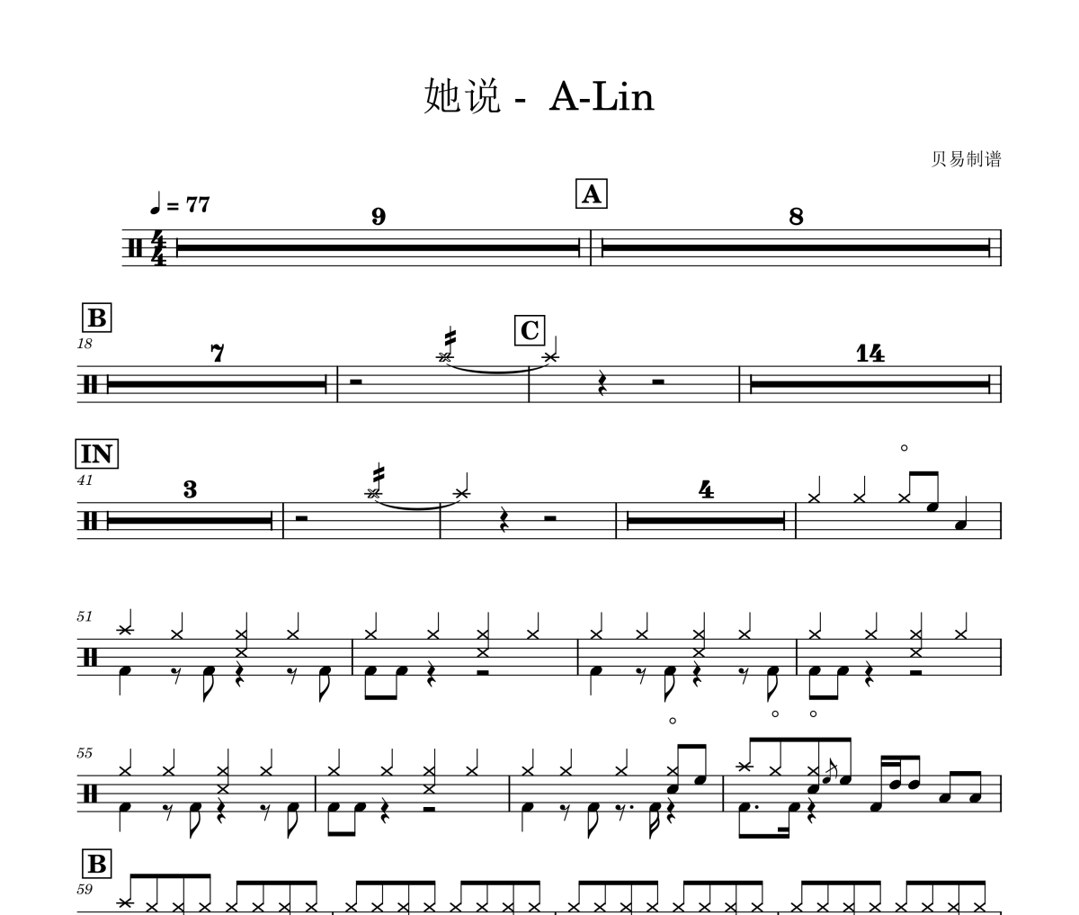 她说鼓谱 A-Lin《她说》(live)架子鼓|爵士鼓|鼓谱
