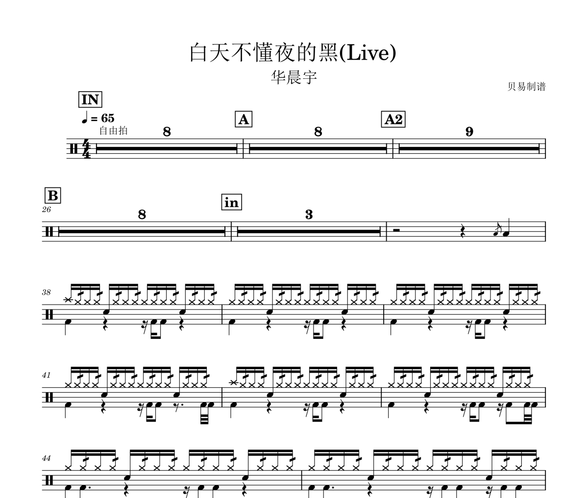 白天不懂夜的黑鼓谱 华晨宇-白天不懂夜的黑`(Live)架子鼓|爵士鼓|鼓谱
