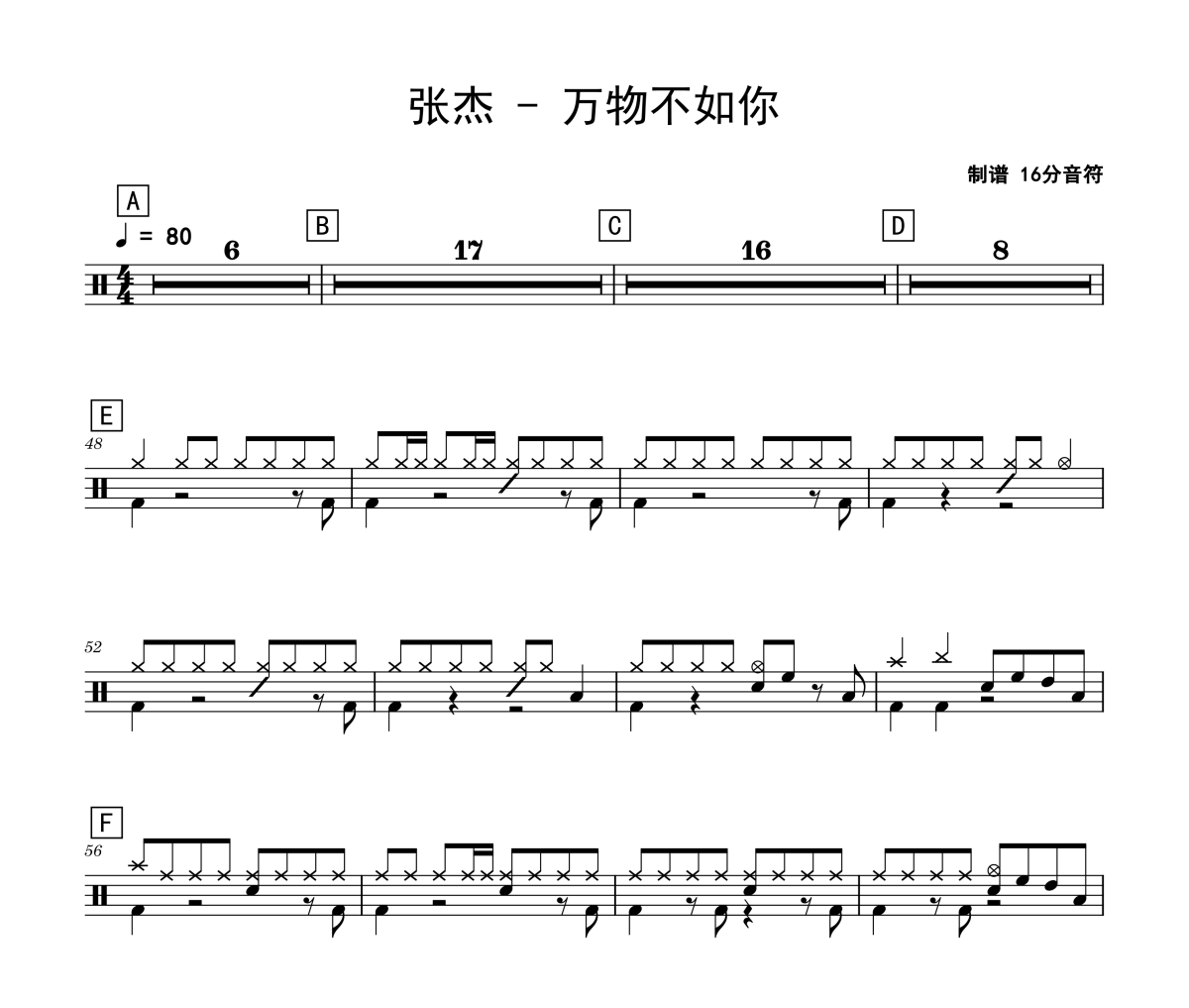 万物不如你鼓谱 张杰-万物不如你爵士鼓鼓谱