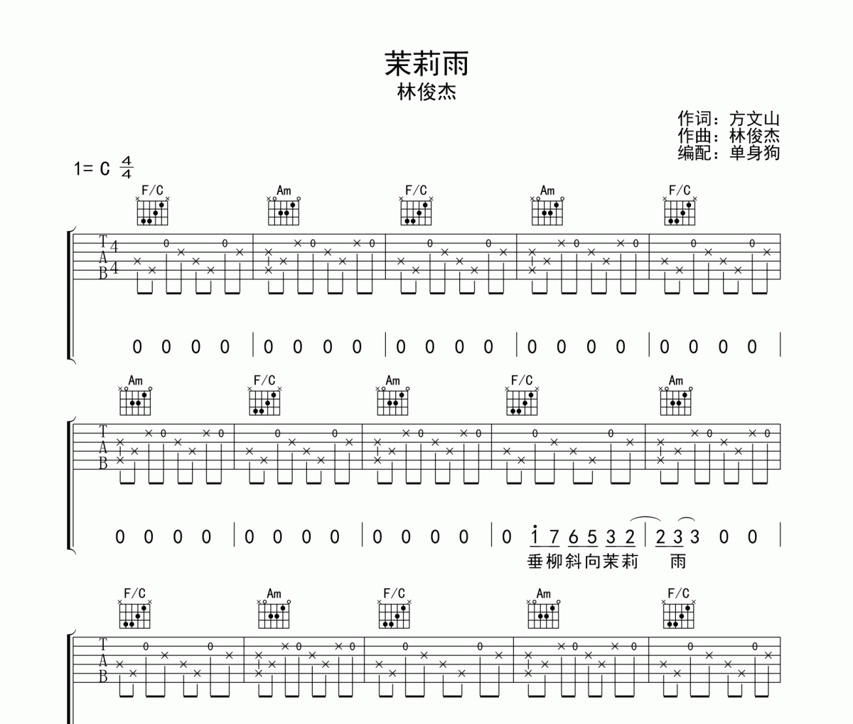 茉莉雨吉他谱 林俊杰《茉莉雨》六线谱C调吉他谱