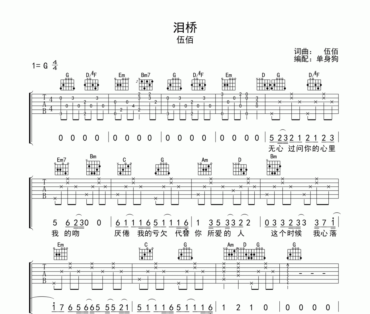 泪桥吉他谱 伍佰《泪桥》六线谱G调吉他谱