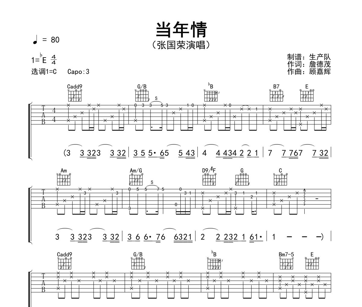 当年情吉他谱 张国荣-当年情(国语版)六线谱|吉他谱