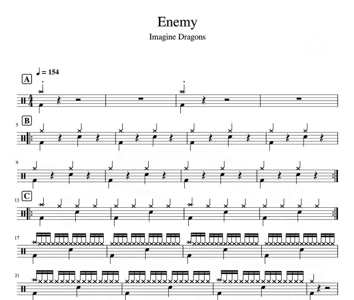 Enemy 鼓谱 Imagine Dragons《Enemy 》架子鼓|爵士鼓|鼓谱