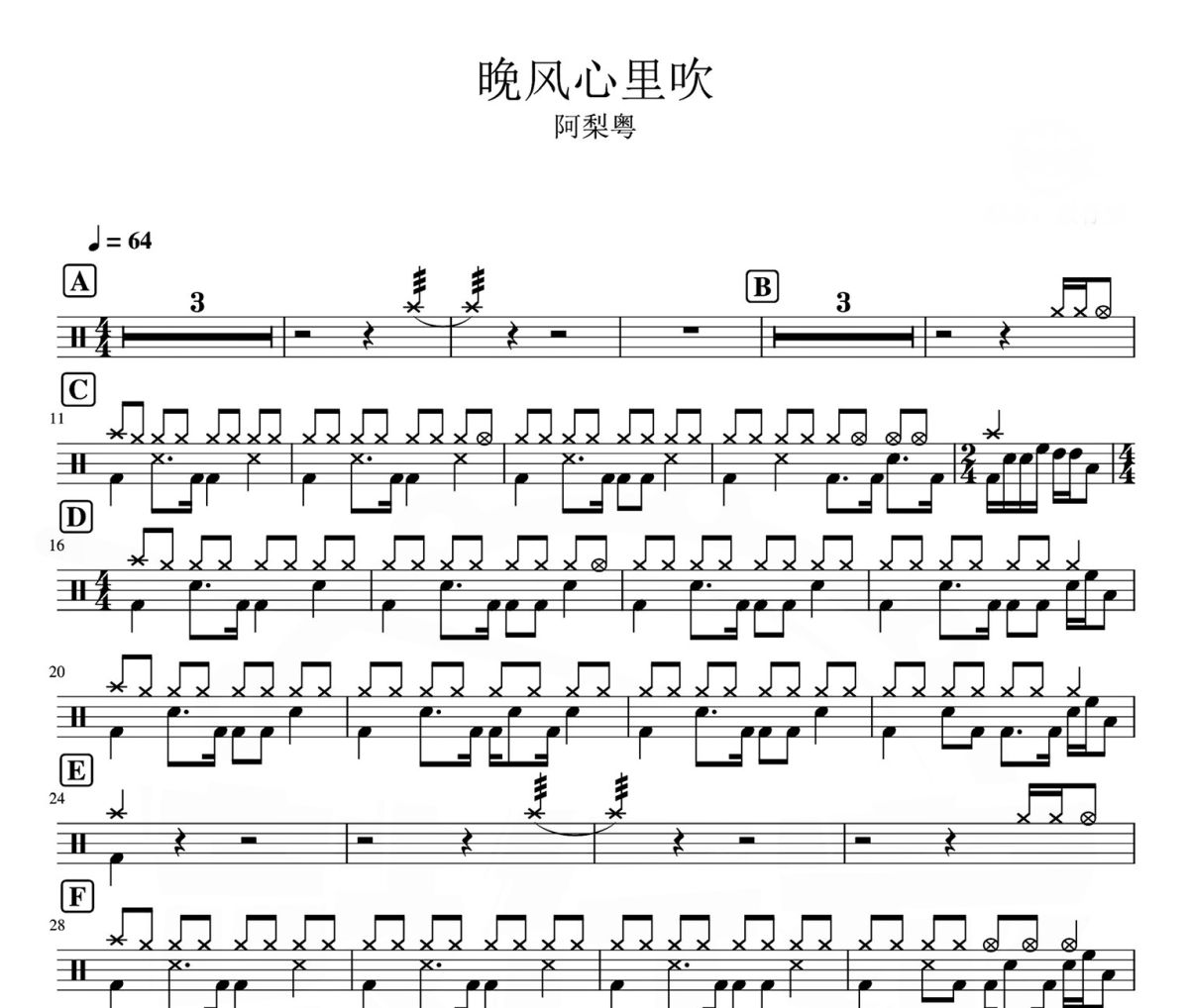 晚风心里吹鼓谱 阿梨粤-晚风心里吹爵士鼓谱