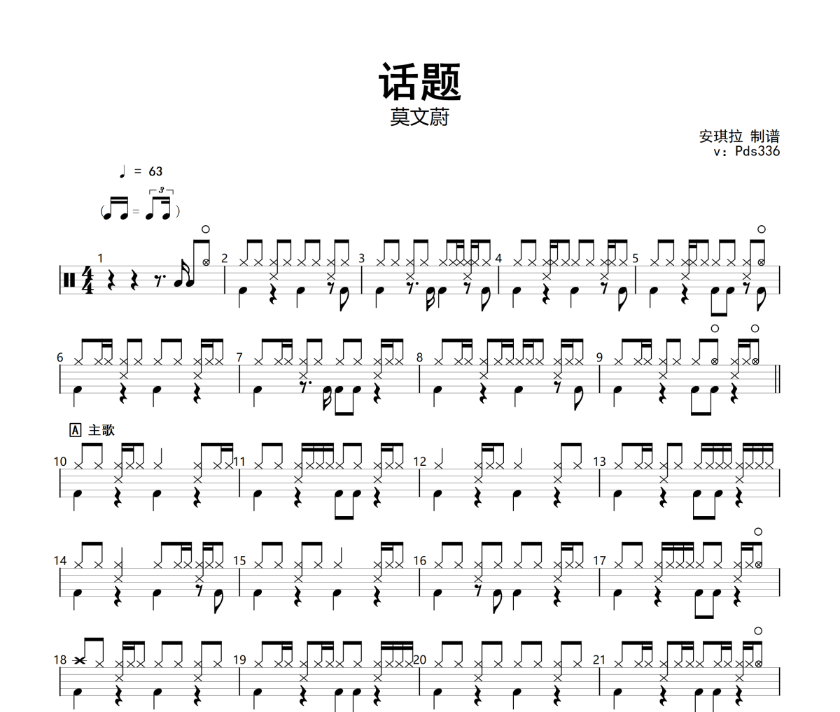 话题鼓谱 莫文蔚《话题》架子鼓爵士鼓|鼓谱+动态视频