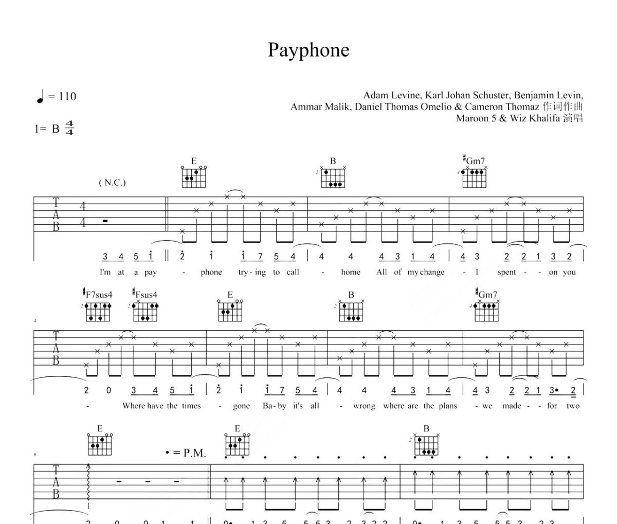 Payphone吉他谱 Maroon 5 /Wiz Khalifa《Payphone》六线谱B调指法编配吉他谱
