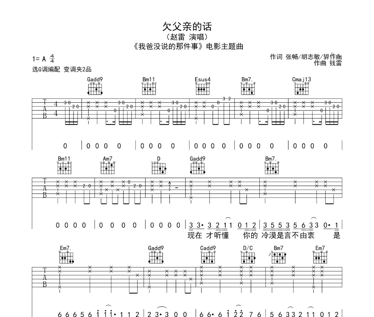欠父亲的话吉他谱 赵雷-欠父亲的话六线谱G调指法编配,吉他谱