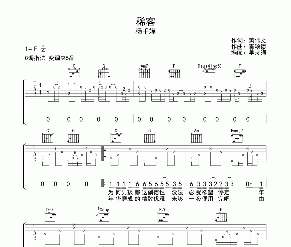 稀客吉他谱 杨千嬅《稀客》六线谱C调吉他谱