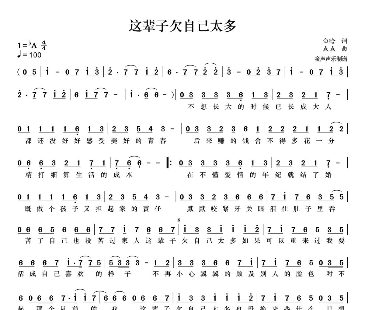 这辈子欠自己太多简谱 李发发《这辈子欠自己太多》简谱+动态视频降A调