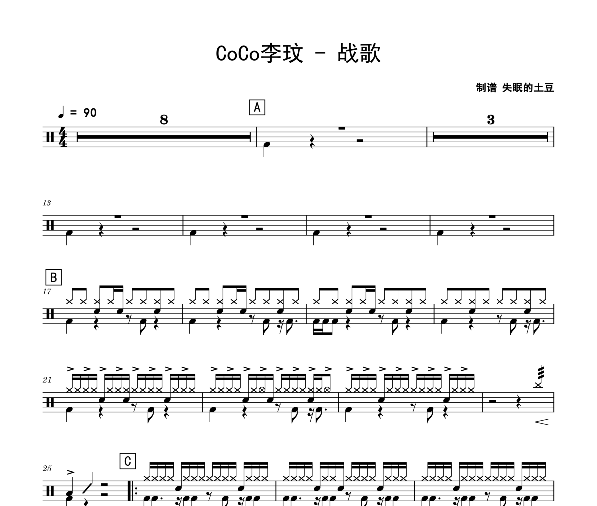 战歌鼓谱 CoCo李玟-战歌爵士鼓谱