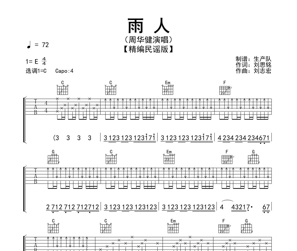 雨人吉他谱 周华健《雨人》六线谱C调指法编配吉他谱