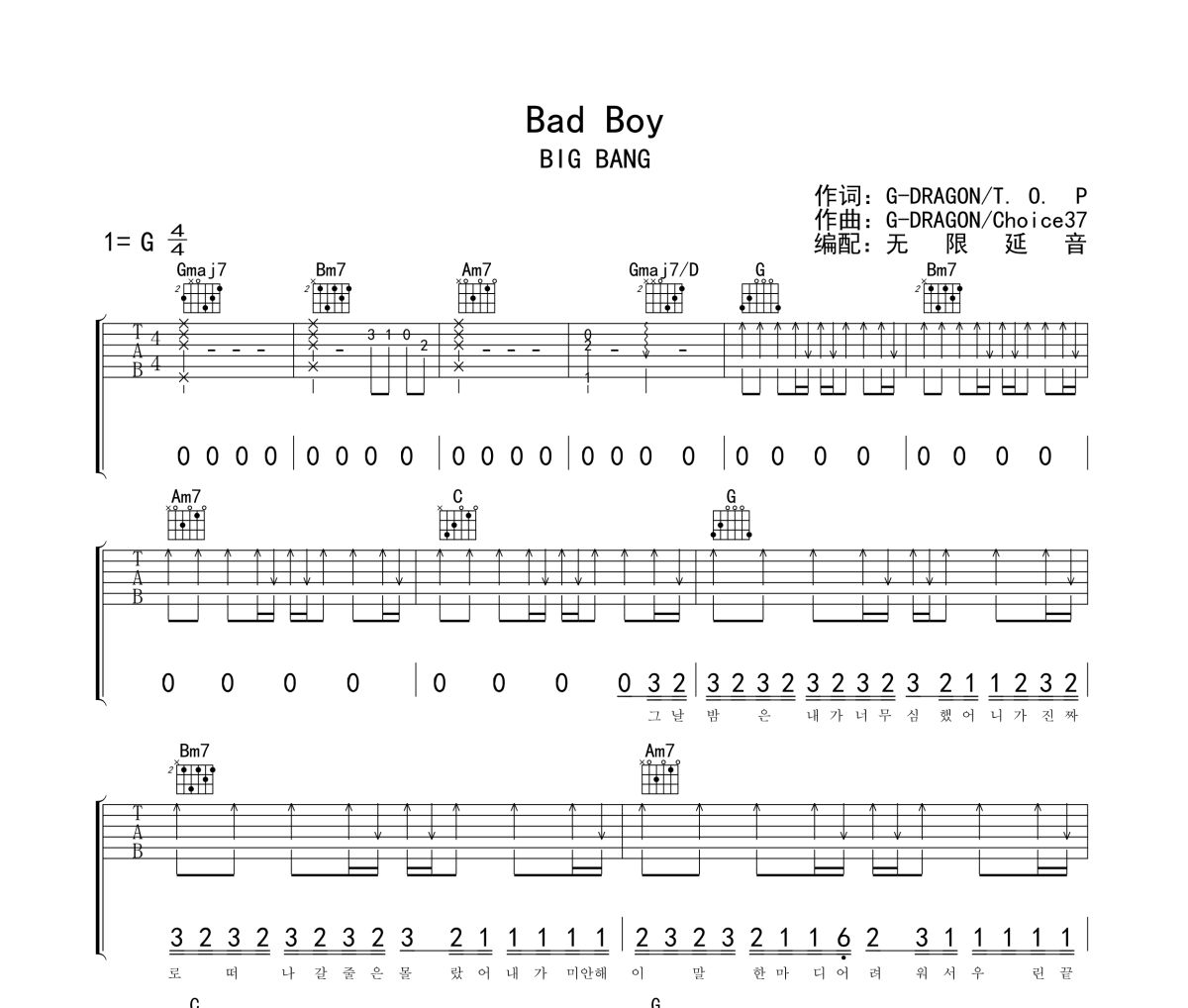 Bad Boy吉他谱 BIG BANG《Bad Boy》六线谱G调吉他谱