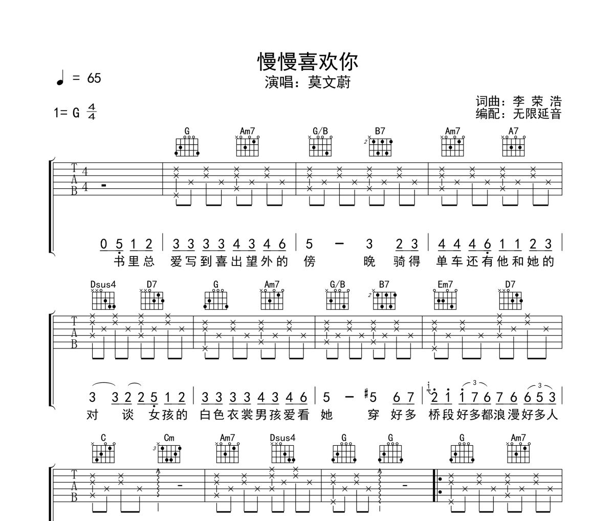慢慢喜欢你吉他谱 莫文蔚-慢慢喜欢你六线谱无限延音制谱