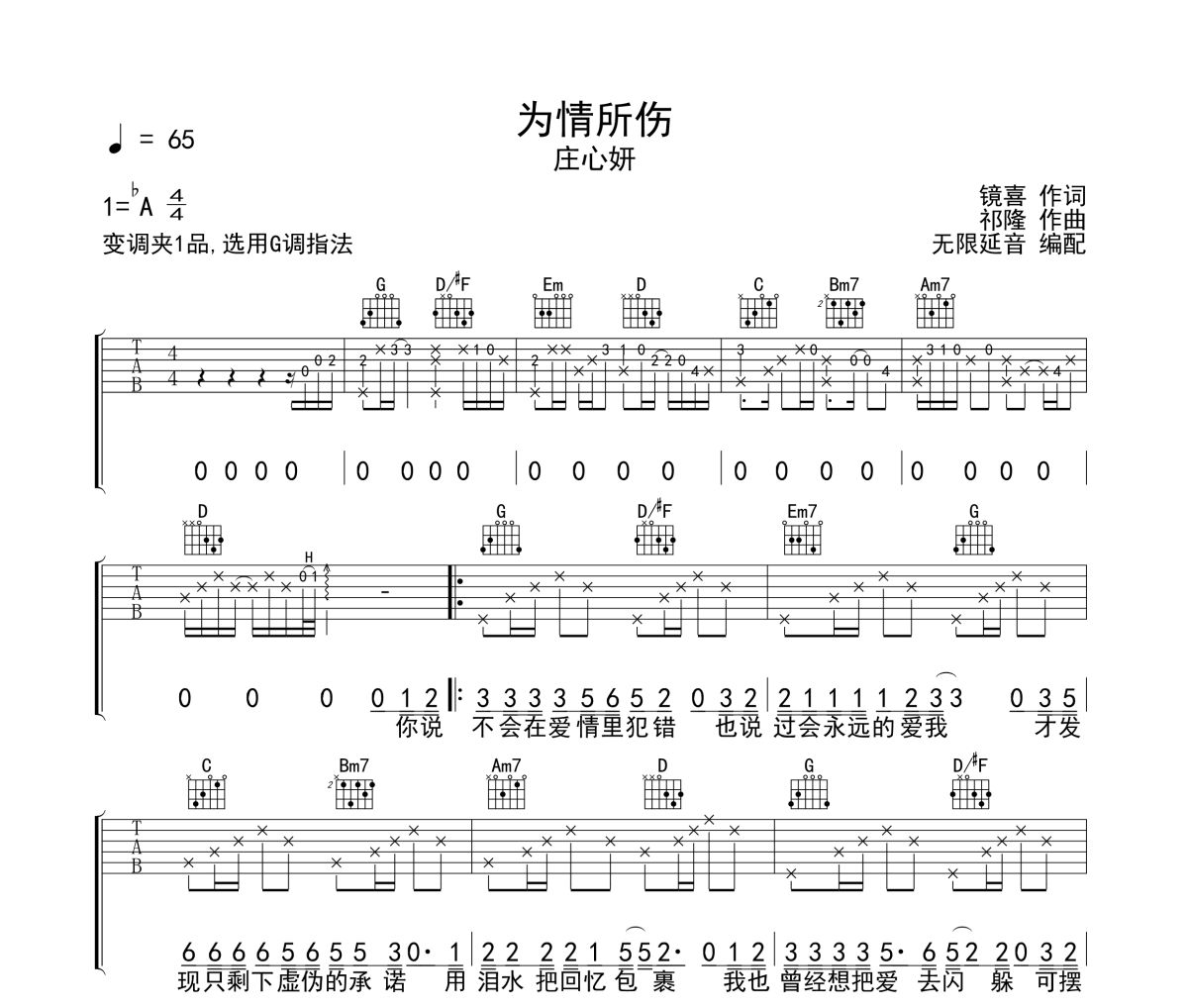 为情所伤吉他谱 庄心妍《为情所伤》六线谱无限延音制谱