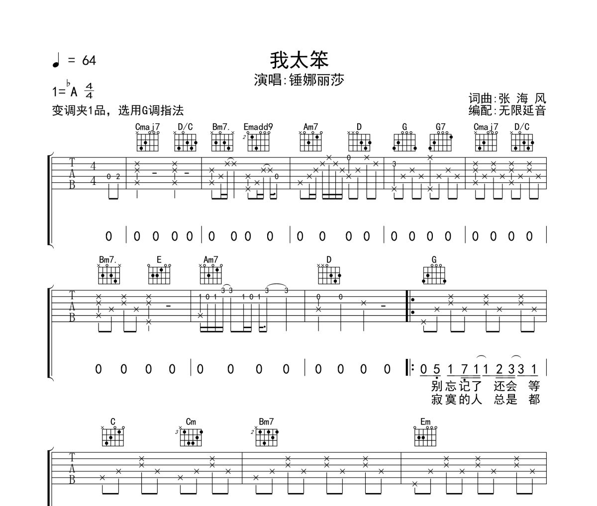 锤娜丽莎《我太笨》六线谱吉他谱 无限延音制谱