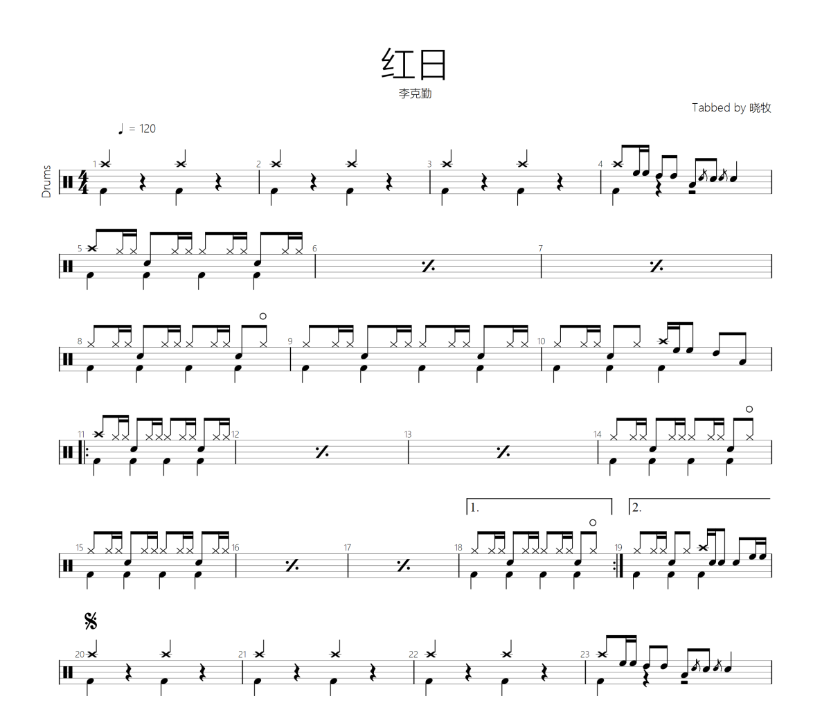 红日鼓谱 李克勤-红日爵士鼓鼓谱
