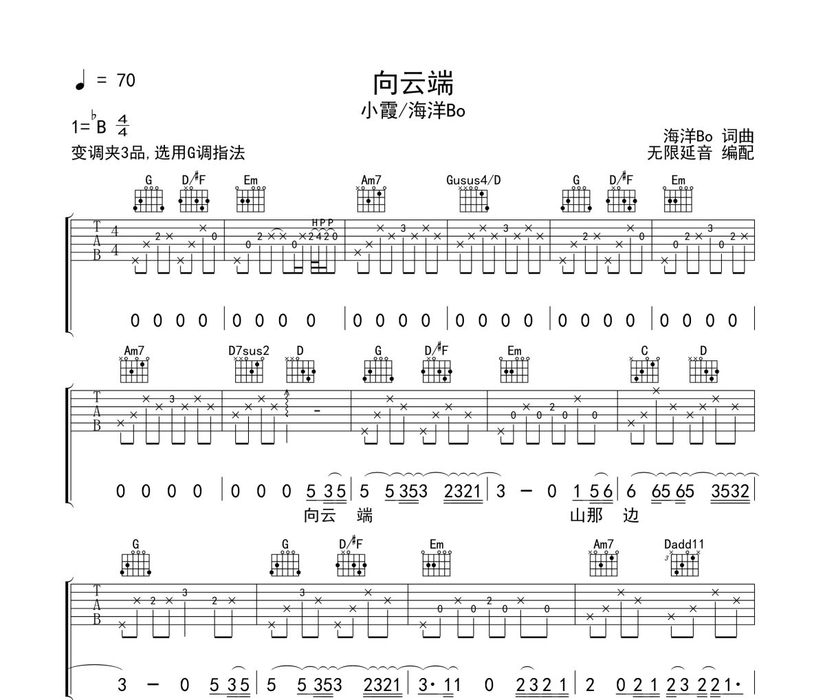 向云端吉他谱 小霞＆海洋Bo《向云端》六线谱无限延音制谱
