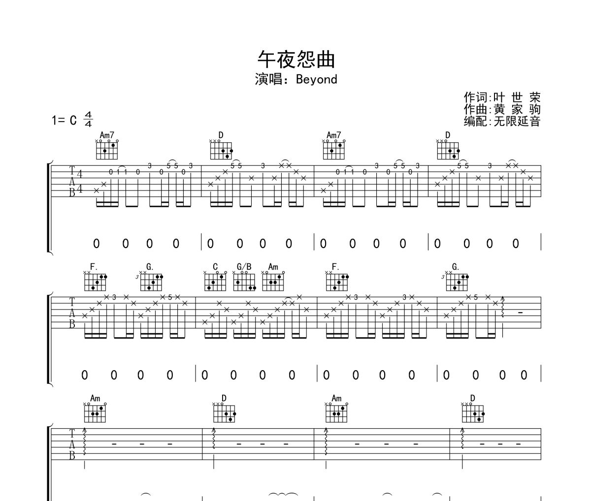 午夜怨曲吉他谱 BEYOND《午夜怨曲》六线谱无限延音制谱