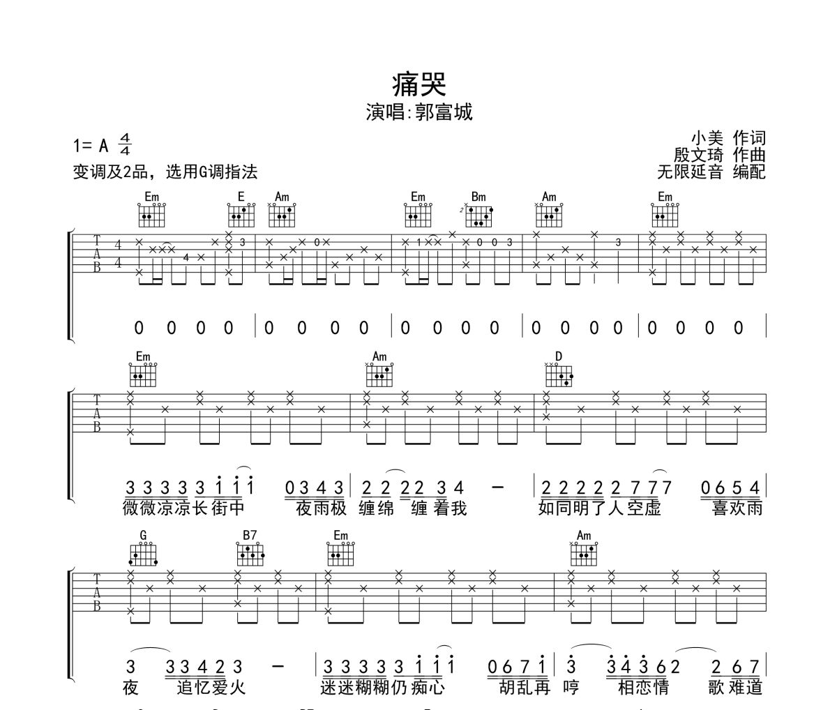 痛哭吉他谱 郭富城《痛哭》六线谱无限延音制谱