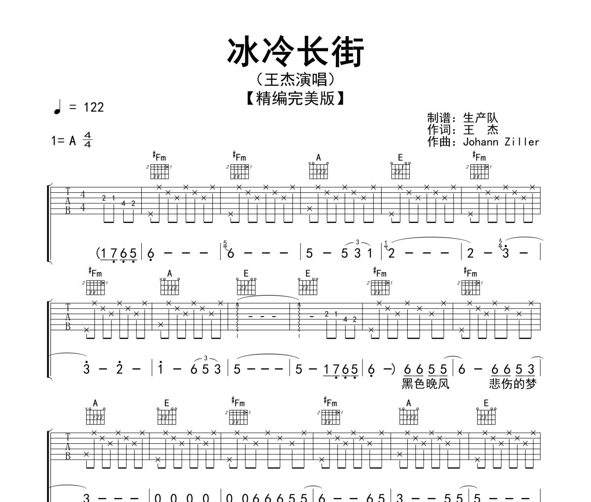 冰冷长街吉他谱 王杰-冰冷长街(精编版)六线谱A调指法编配