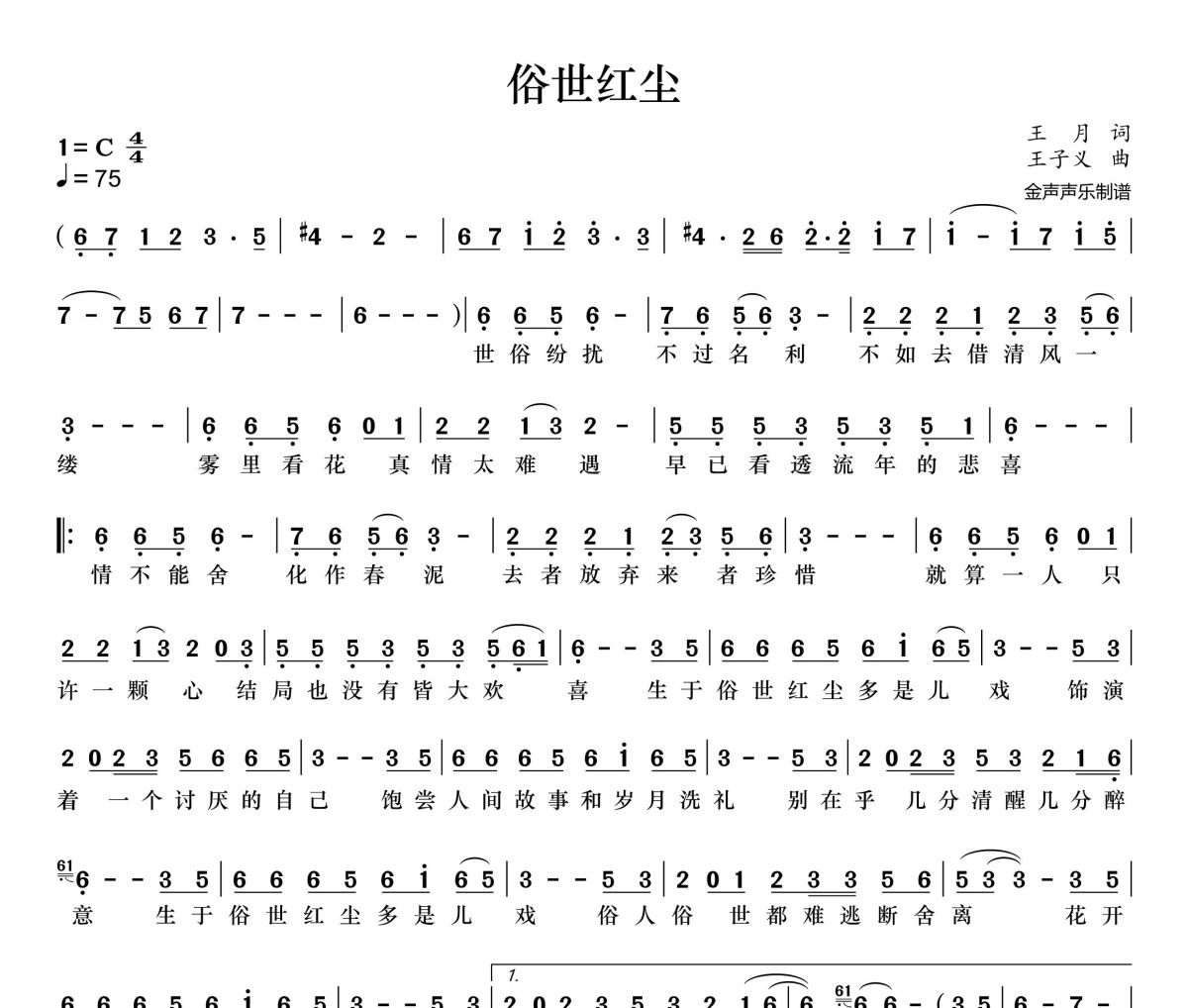 俗世红尘简谱 陈瑞《俗世红尘》简谱+动态视频C调