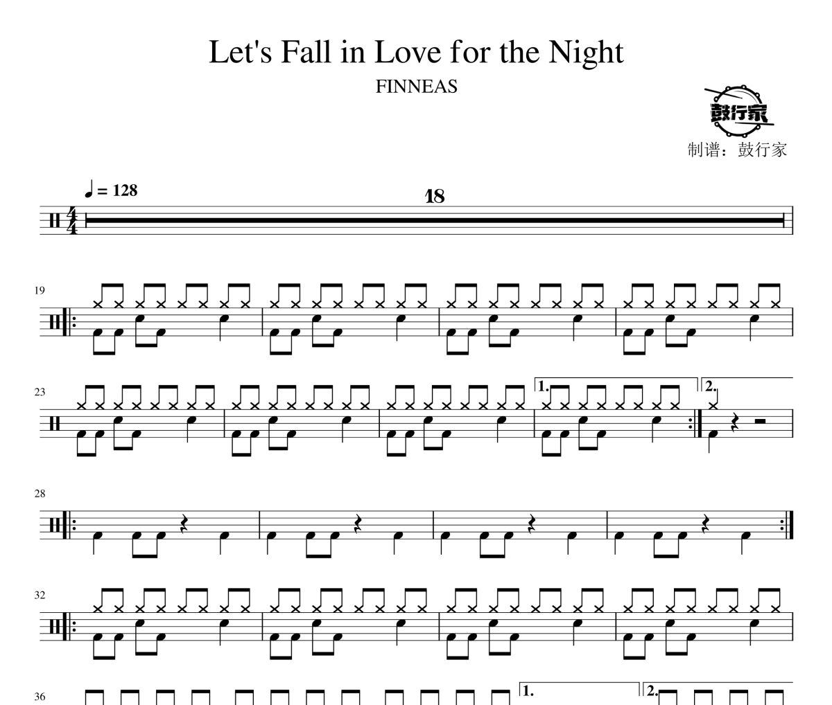 FINNEAS-Let's Fall in Love for the Night架子鼓爵士鼓谱 鼓行家制谱