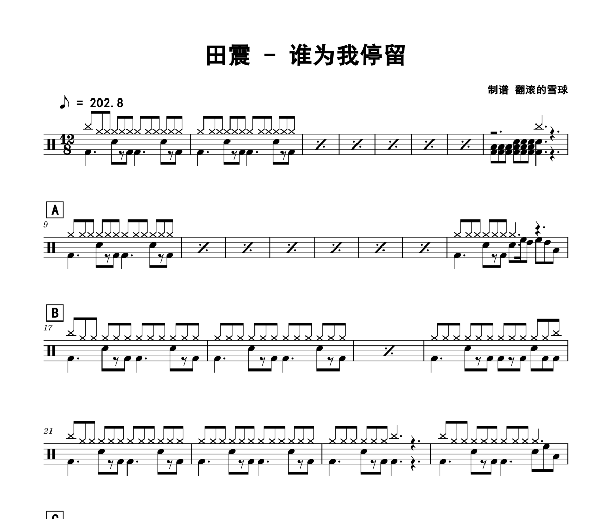 谁为我停留鼓谱 田震-谁为我停留架子鼓|爵士鼓|鼓谱