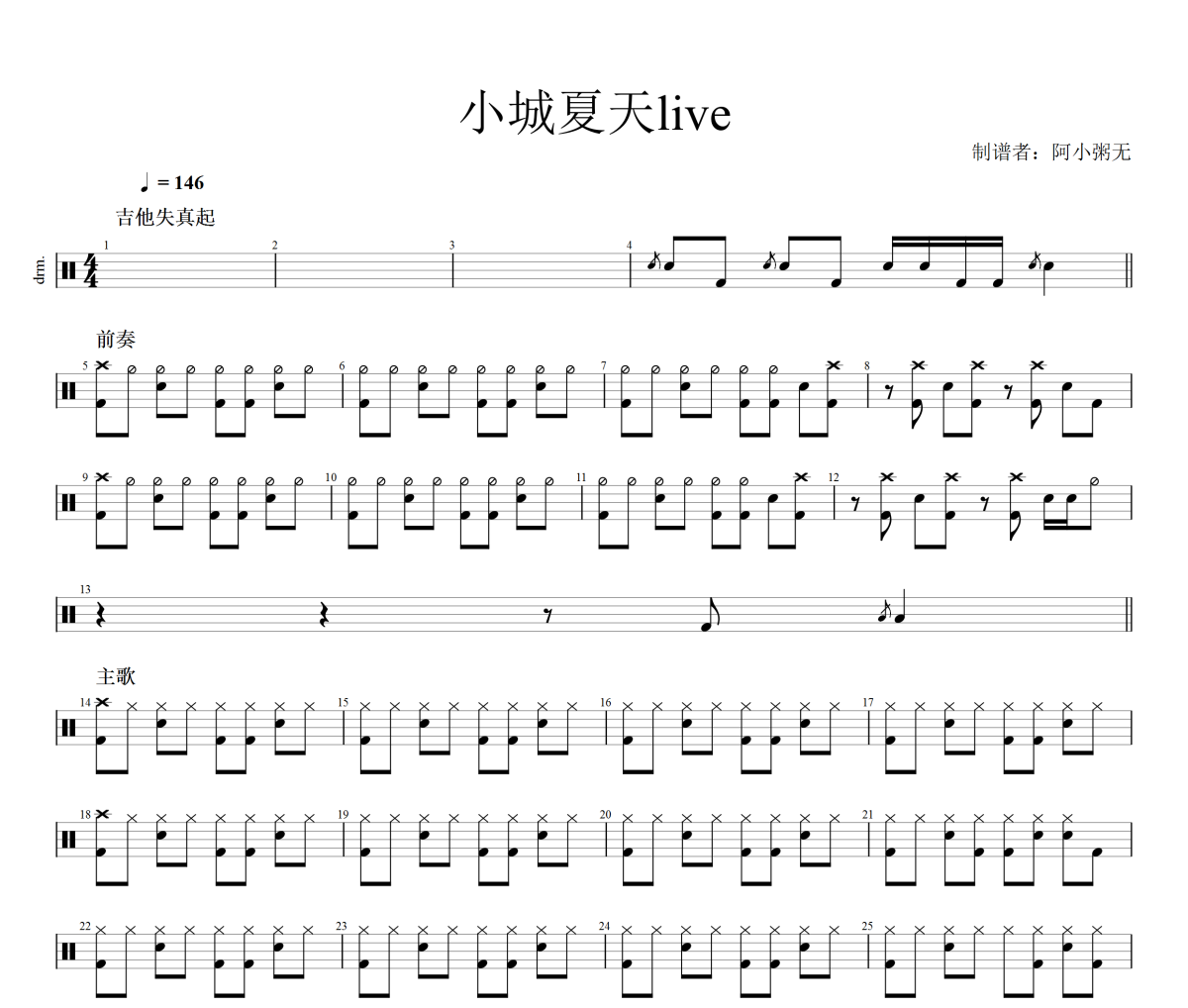 小城夏天Live鼓谱 利比-小城夏天Live爵士鼓鼓谱 阿小粥无制谱