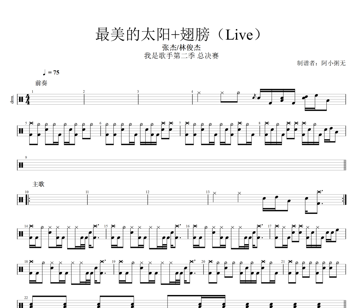 最美的太阳+翅膀Live鼓谱 张杰/林俊杰-最美的太阳+翅膀Live架子鼓|爵士鼓|鼓谱