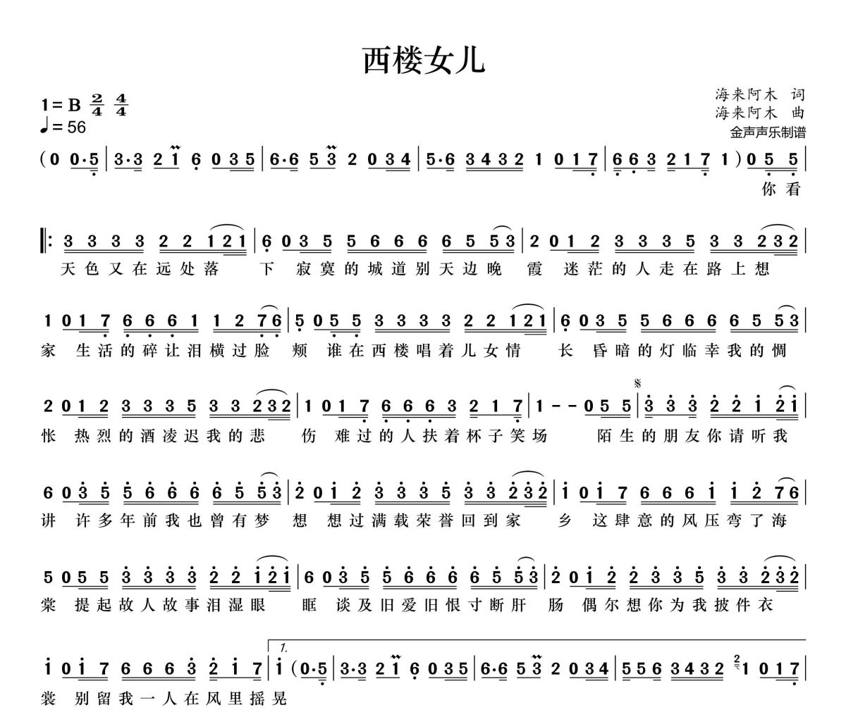 西楼儿女简谱 岳云鹏-西楼儿女简谱+动态视频