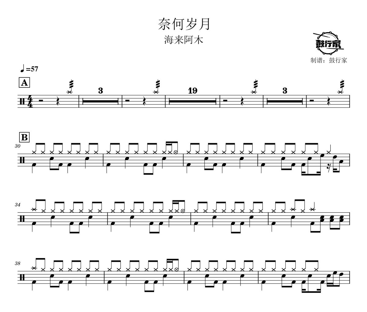 奈何岁月鼓谱 海来阿木-奈何岁月爵士鼓谱 鼓行家制谱