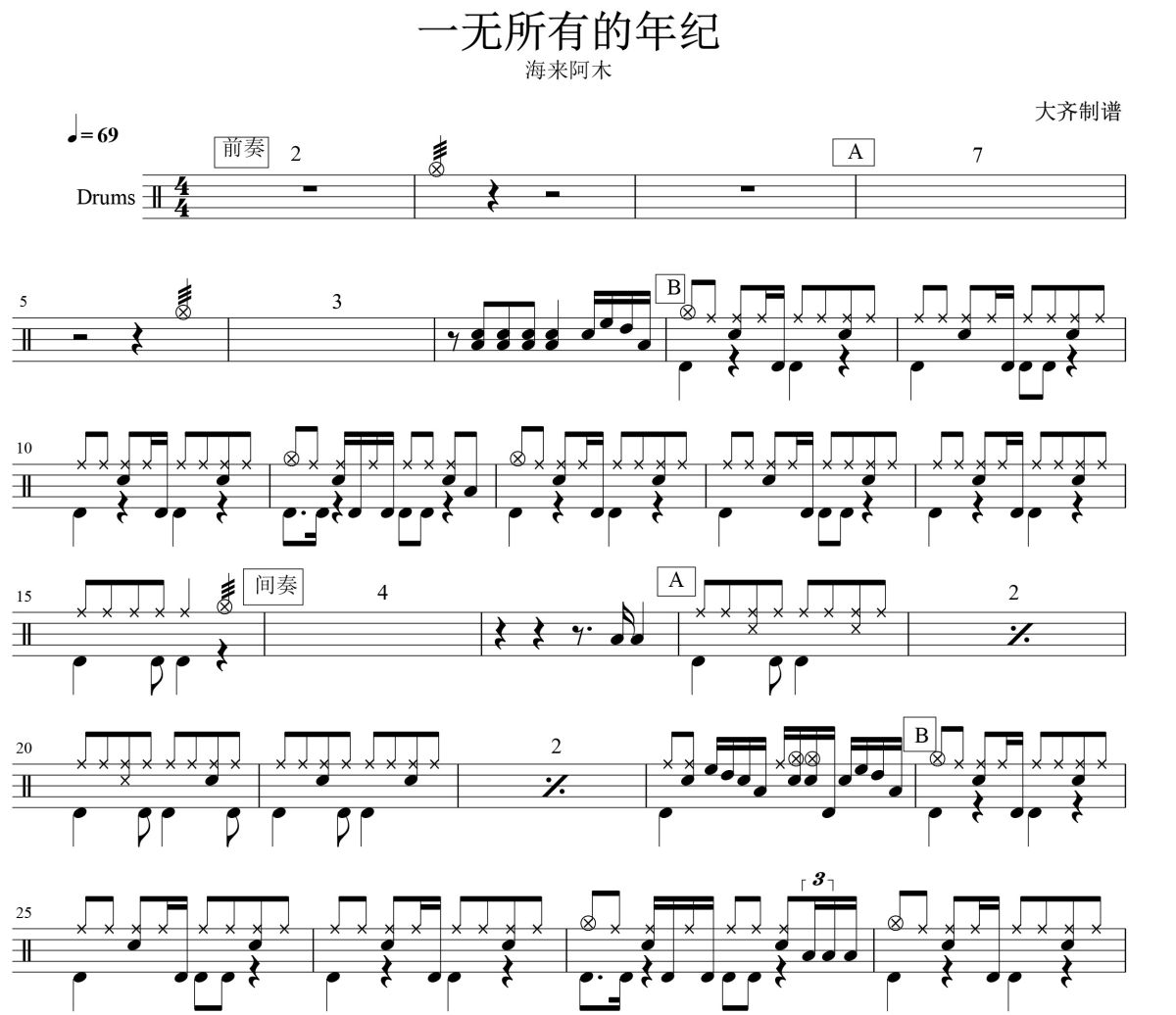 一无所有的年纪鼓谱 海来阿木一无所有的年纪爵士鼓谱 大齐制谱