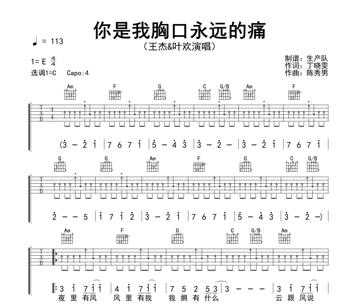 你是我胸口永远的痛吉他谱 王杰、叶欢《你是我胸口永远的痛》六线谱C调指法编配吉他谱
