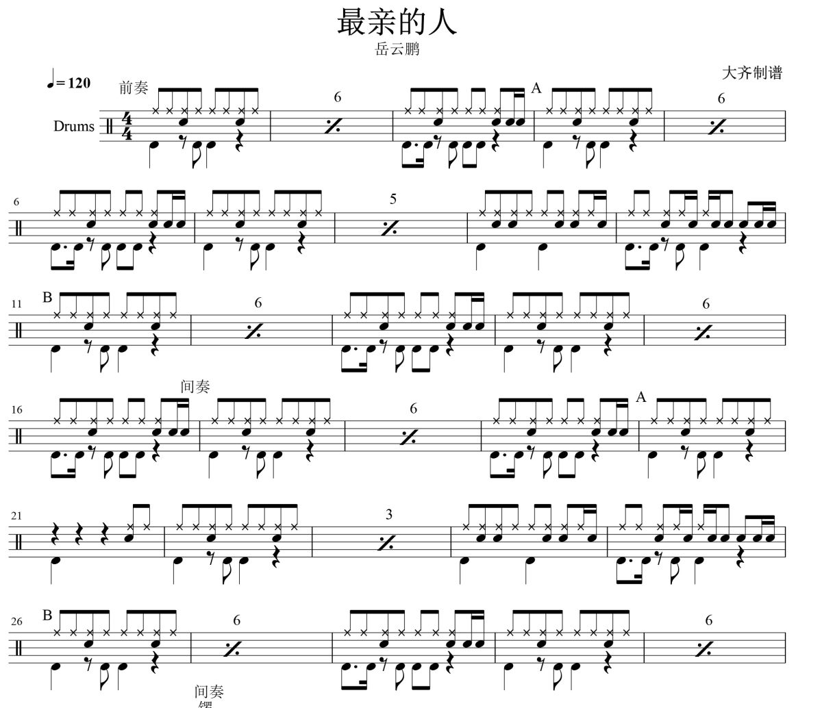 最亲的人鼓谱 岳云鹏-最亲的人爵士鼓谱 大齐制谱