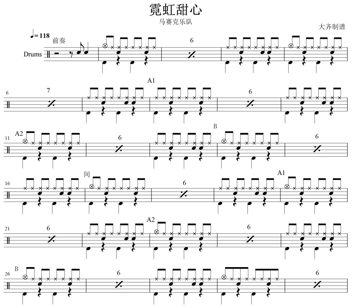 霓虹甜心鼓谱 马赛克乐队-霓虹甜心爵士鼓谱 大齐制谱