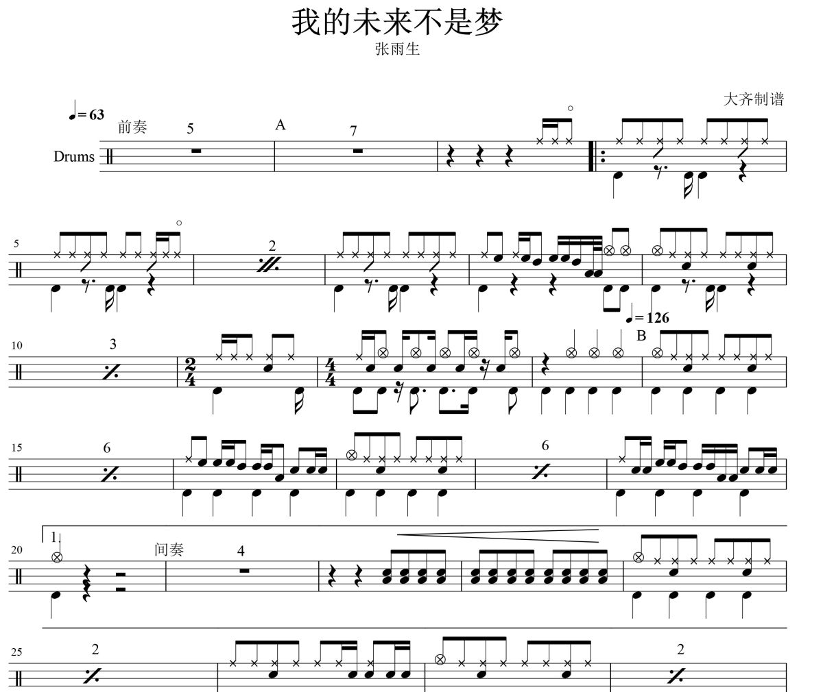 我的未来不是梦鼓谱 张雨生-我的未来不是梦爵士鼓谱 大齐制谱