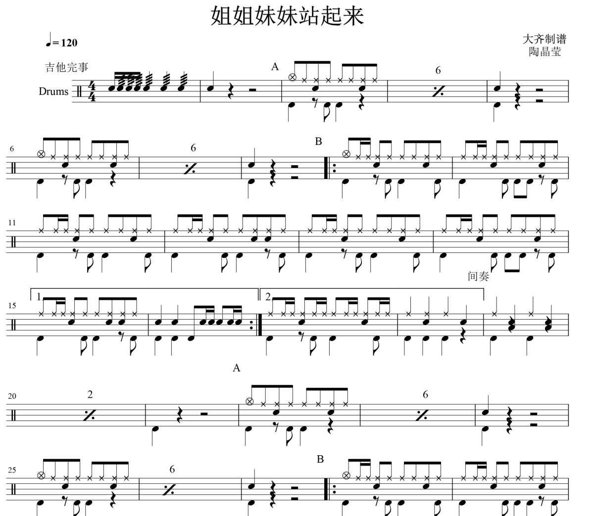 姐姐妹妹站起来鼓谱 陶晶莹-姐姐妹妹站起来爵士鼓谱