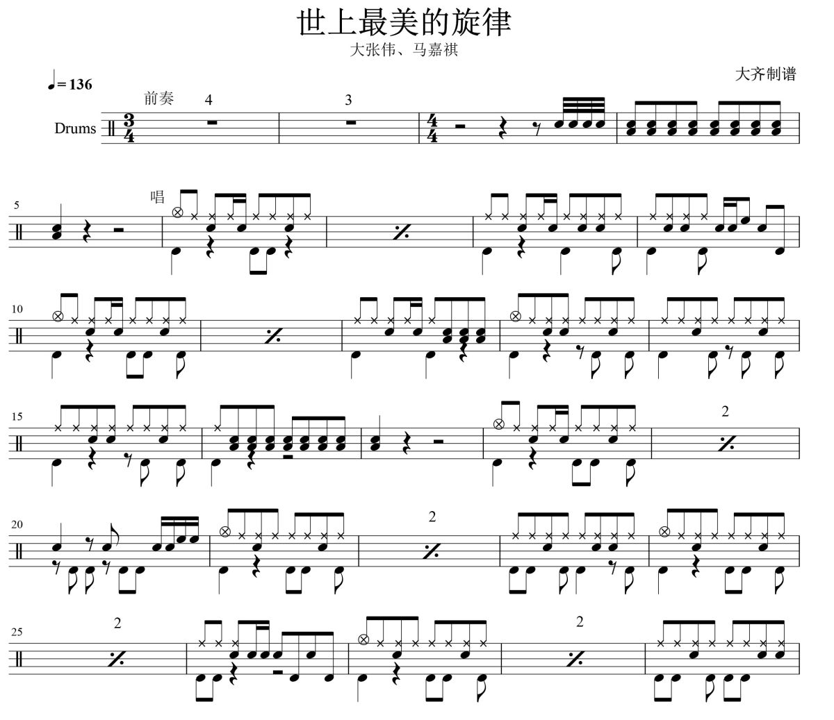 世上最美的旋律鼓谱 大张伟-世上最美的旋律爵士鼓谱 大齐制谱