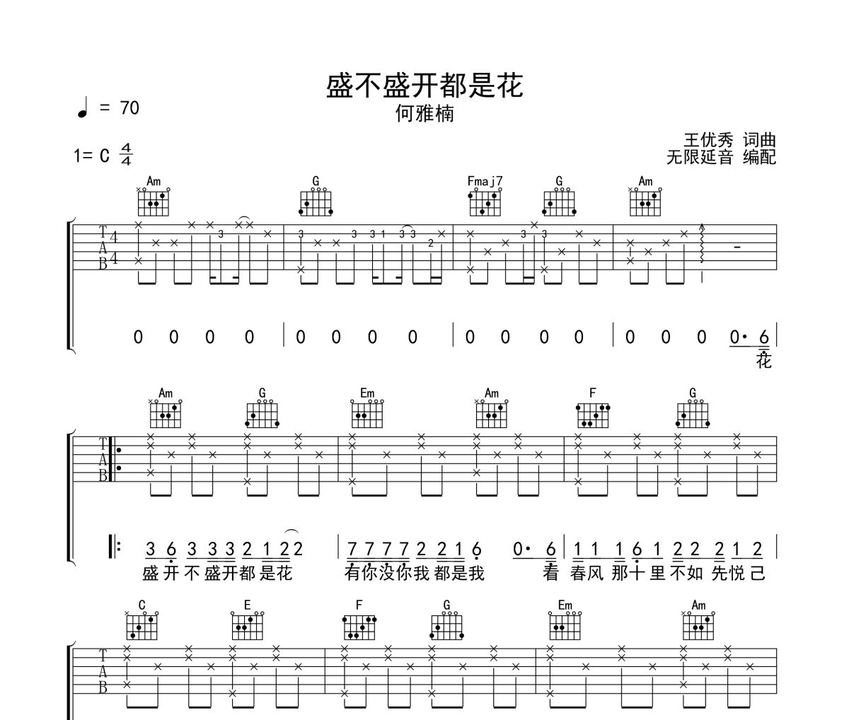 盛不盛开都是花吉他谱 何雅楠-盛不盛开都是花六线谱 无限延音制谱