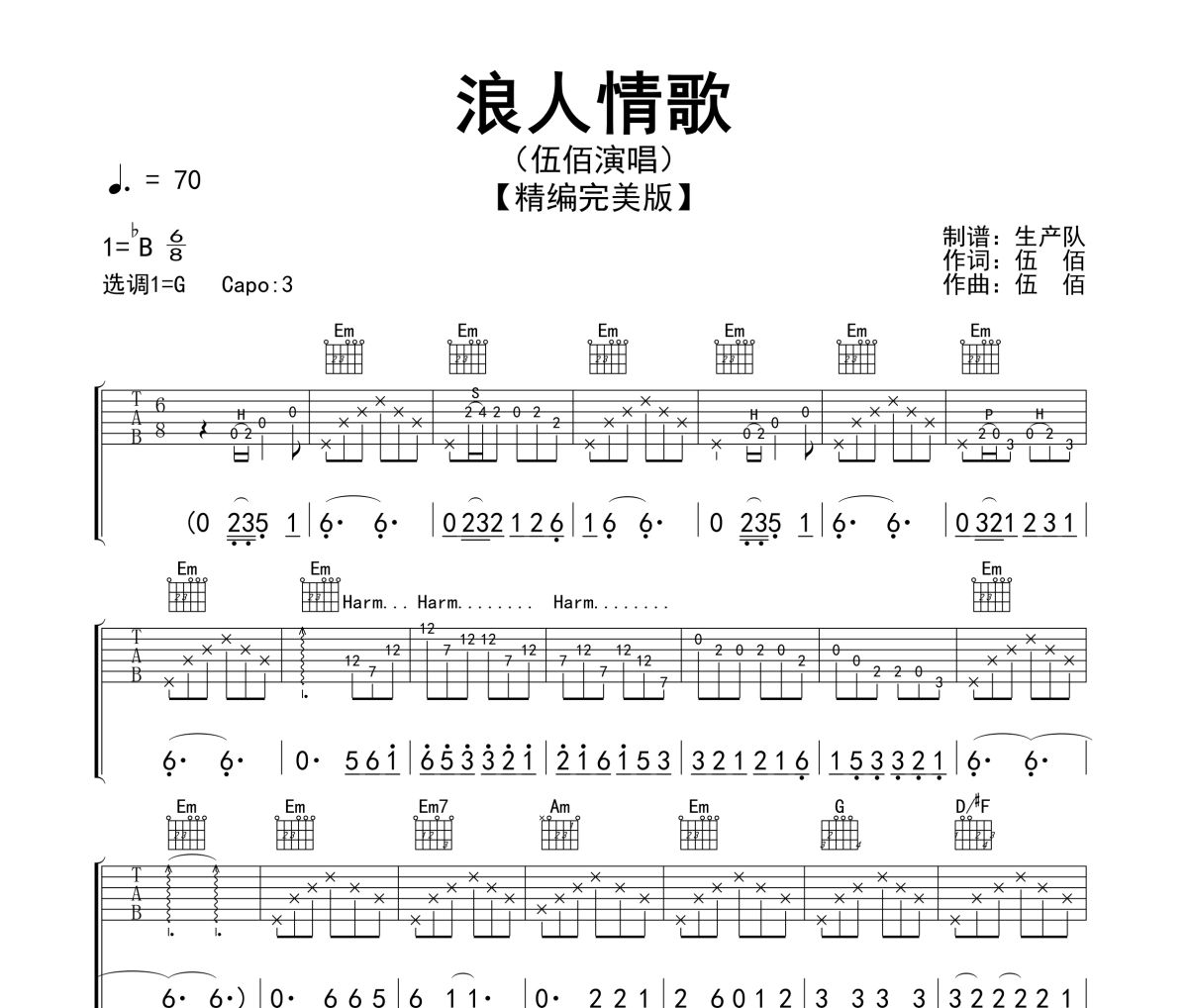 浪人情歌吉他谱 伍佰《浪人情歌》六线谱G调指法编配吉他谱