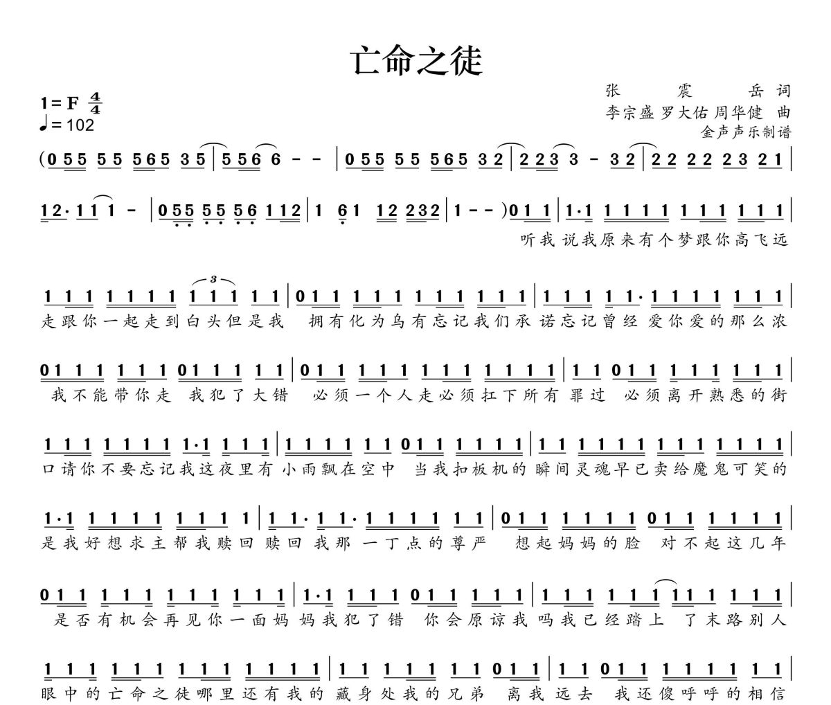 亡命之徒简谱 纵贯线《亡命之徒》简谱+动态视频F调