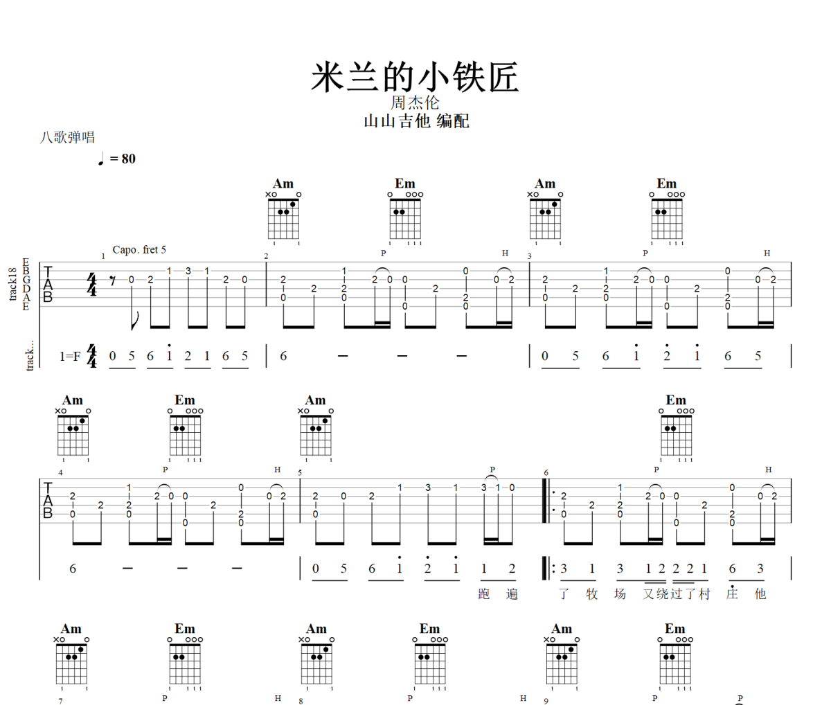 米兰的小铁匠吉他谱 周杰伦-米兰的小铁匠六线谱F调+动态视频