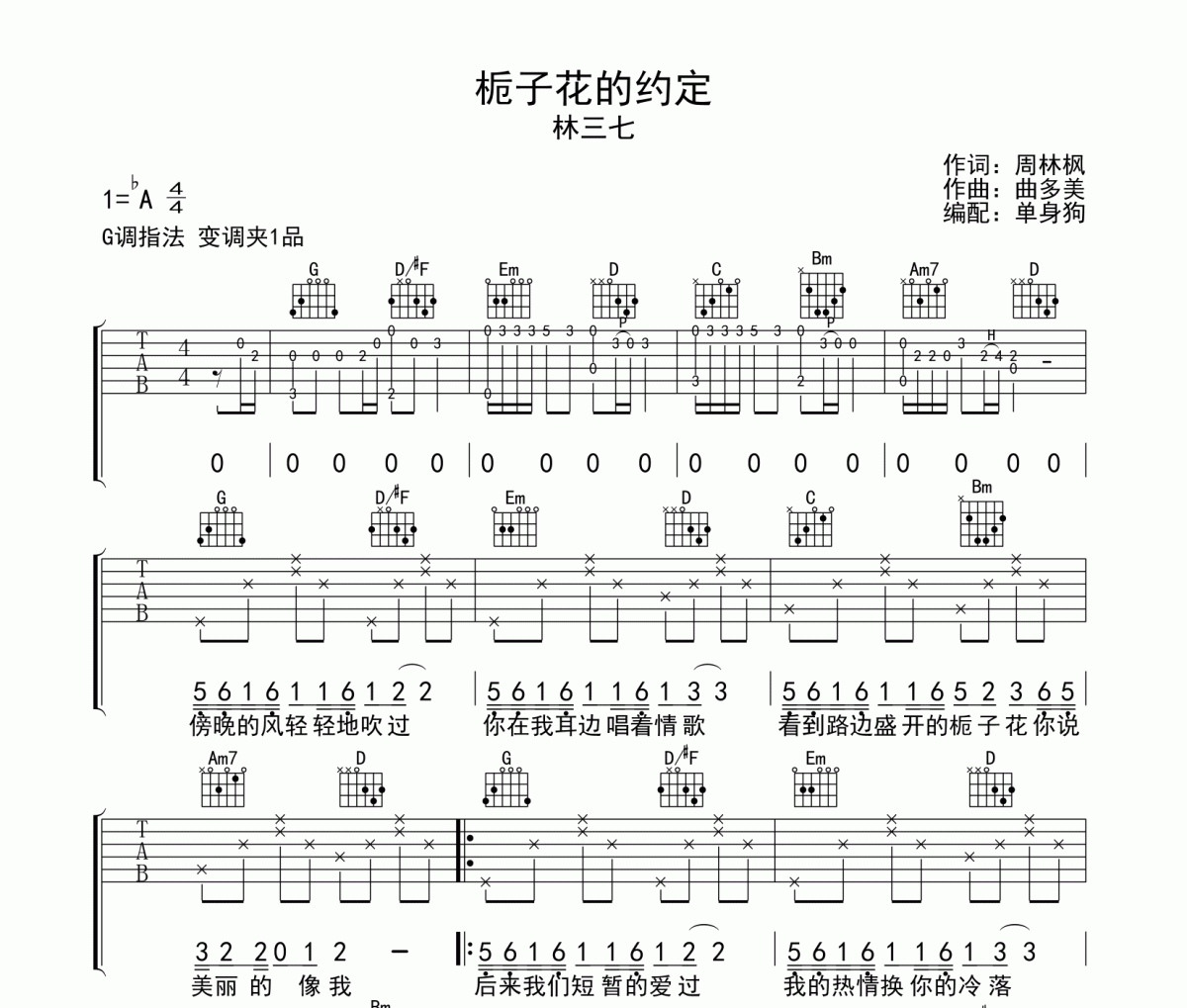栀子花的约定吉他谱 林三七《栀子花的约定》六线谱G调
