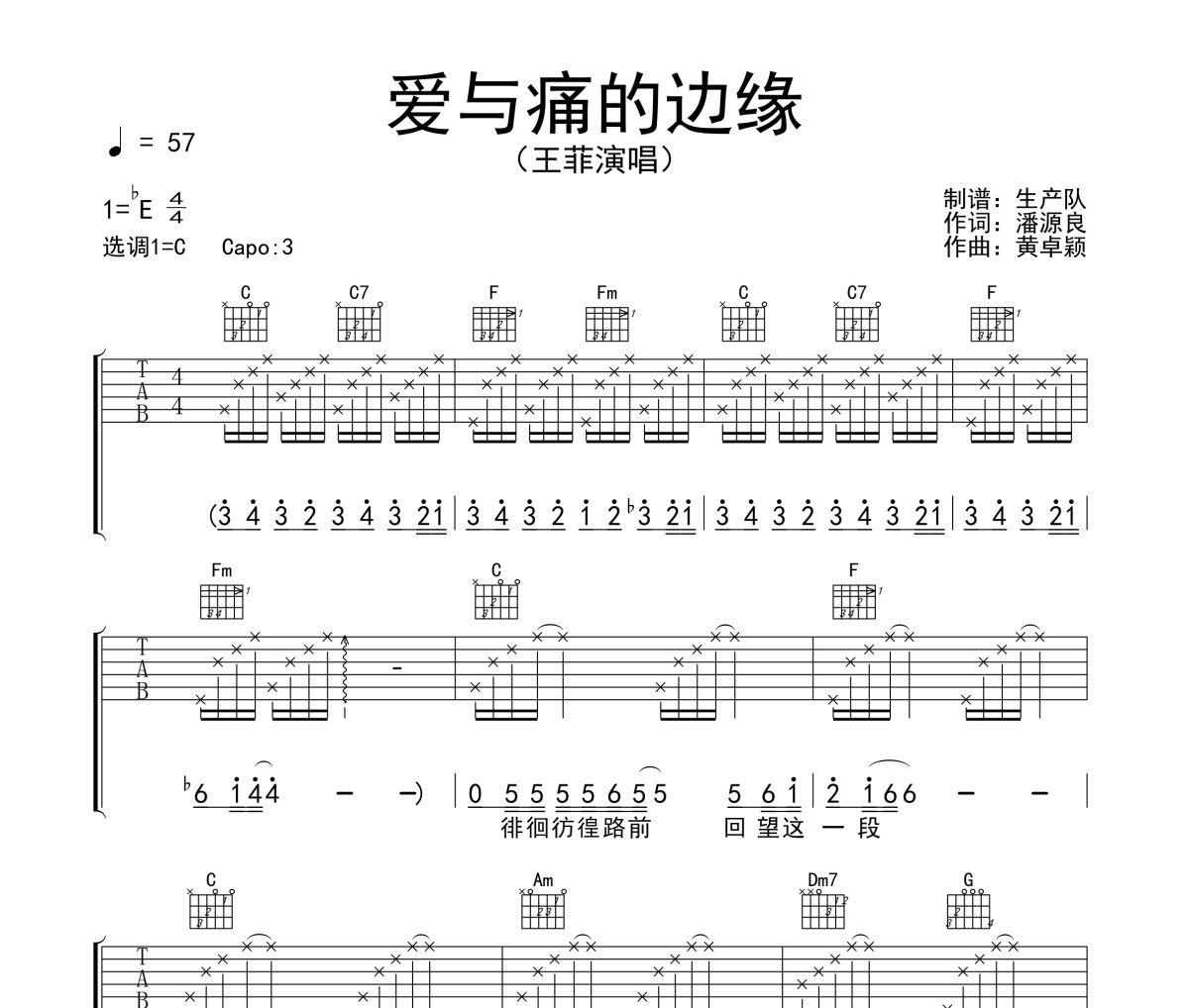 爱与痛的边缘吉他谱 王菲《爱与痛的边缘》六线谱C调指法编配吉他谱