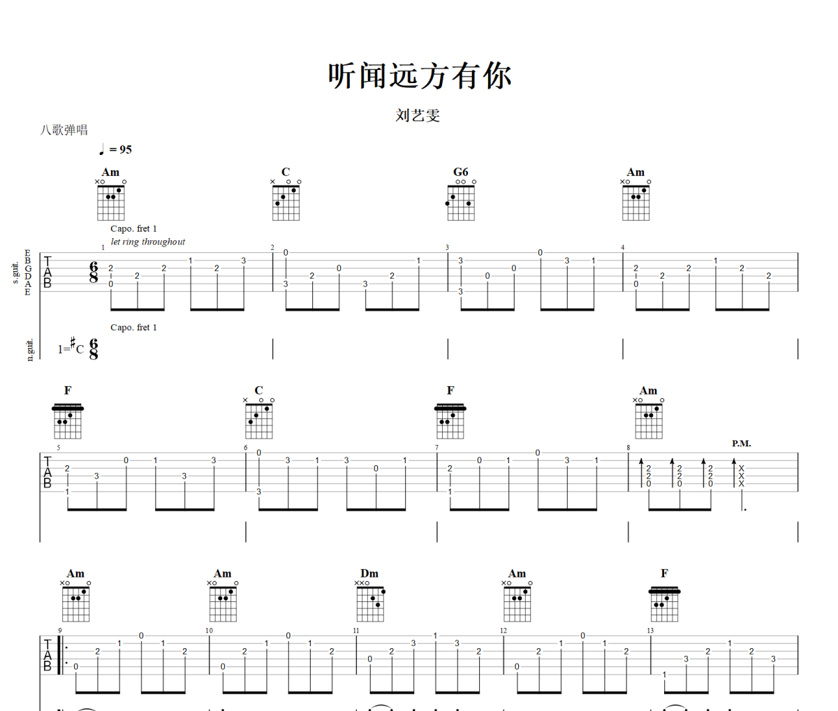 听闻远方有你吉他谱 刘艺雯-听闻远方有你六线谱#C+动态视频