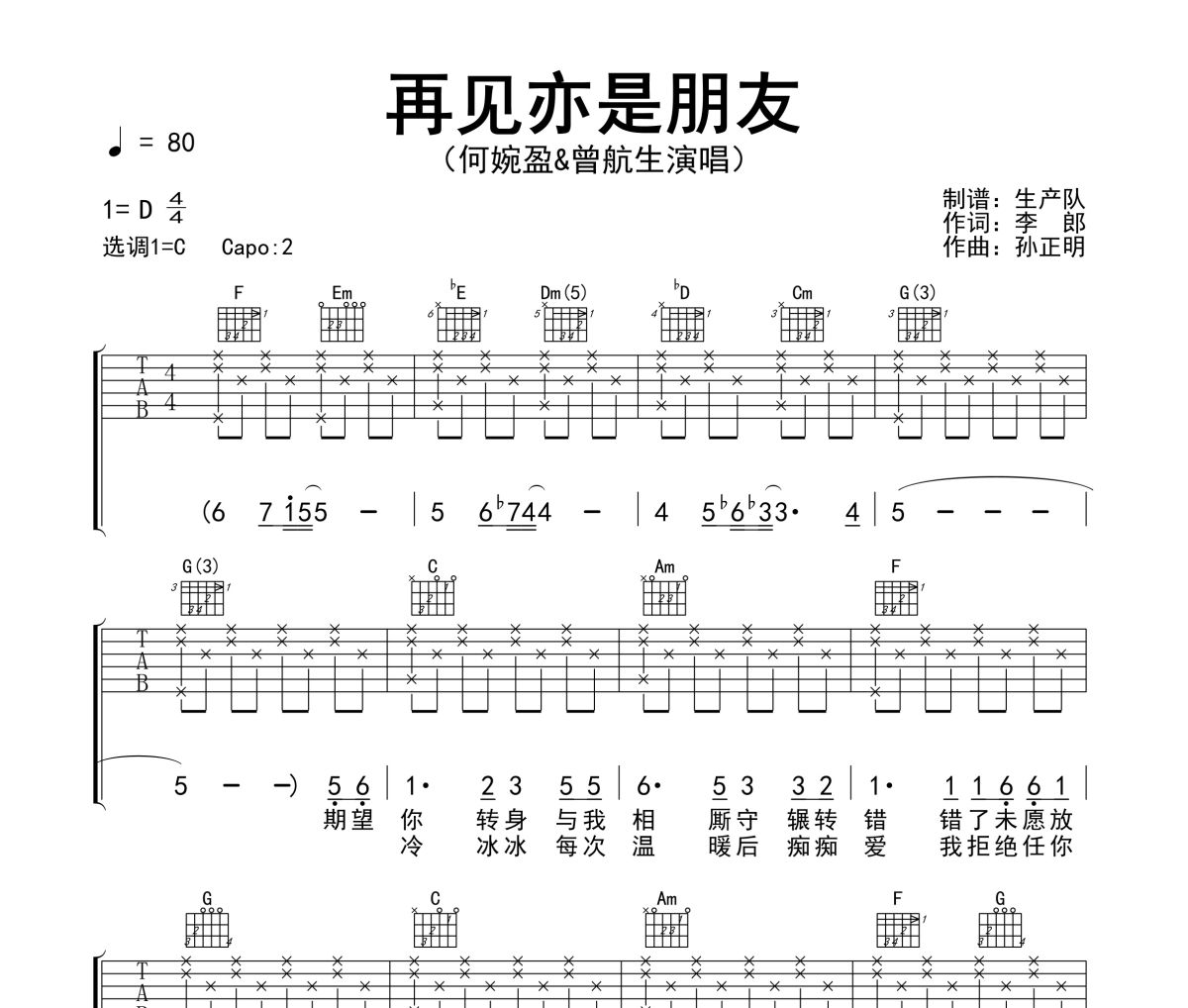 再见亦是朋友吉他谱 何婉盈、曾航生《再见亦是朋友》六线谱C调指法编配